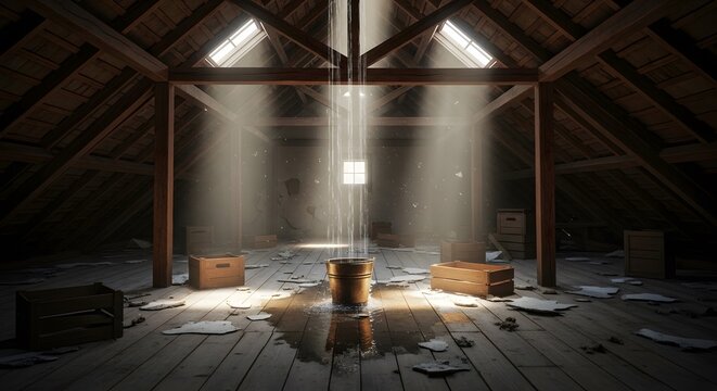 Heavy water leak pouring into a bucket in a large dusty attic with sunbeams and wooden crates. Home repair and property damage insurance concept.
