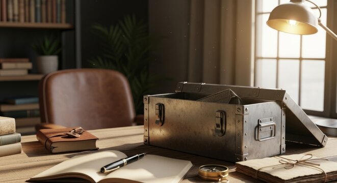 Rustic Steel Box on Wooden Desk, Home Office Storage