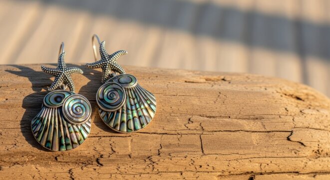 Seashell Earrings on Driftwood with Natural Light