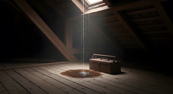 Water leaking from skylight onto wooden floor near a rusty toolbox in a minimal abandoned attic. Home repair and water damage concept.
