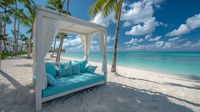 Luxury canopy daybed on a tropical white sand beach
