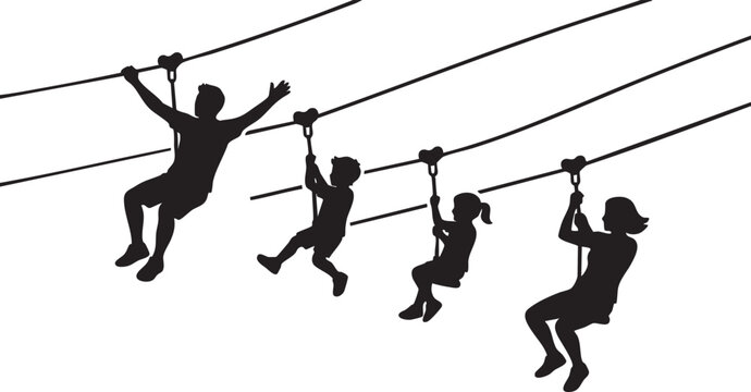 Family group ziplining across forest canopy for outdoor recreational adventure sports