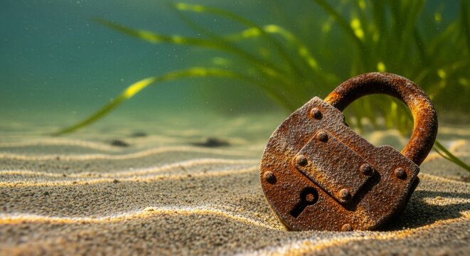 Rusty Padlock on Sandy Riverbed Underwater with Plants