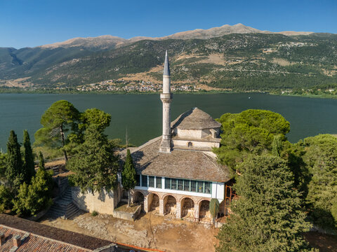 Aerial View of Aslan Pasha Mosque and Lake Pamvotis in Summer, Ioannina, Greece