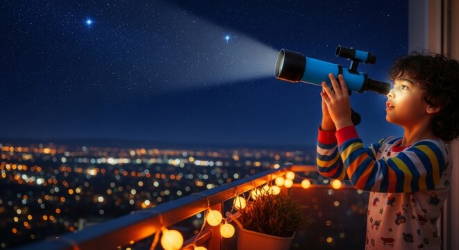 Child Stargazing from Balcony with Toy Telescope