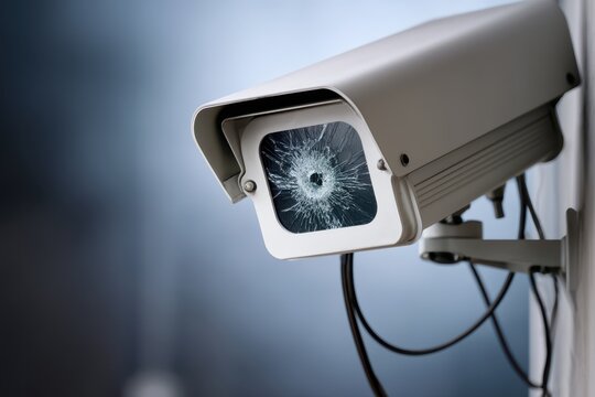 Damaged security camera with a shattered lens, symbolizing broken surveillance and security system failure.