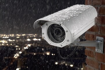 Fototapeta premium Security camera in heavy rain at night overlooking a blurry city lights bokeh background.