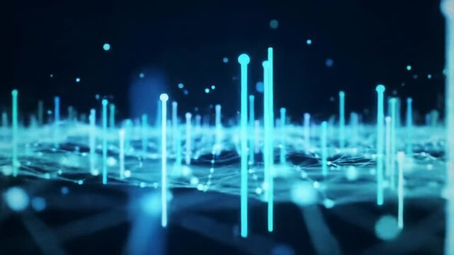 A high-resolution, dynamic, abstract animation of a complex digital plexus network with glowing blue and teal lines and dots and bokeh on nodes, with vertical light streams, as a dolly video glides