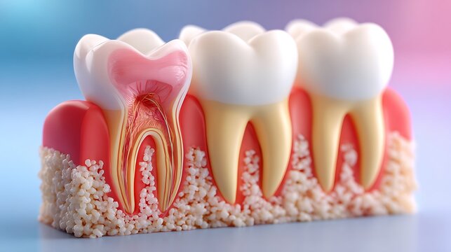 human teeth and jaw anatomy model with visible root canal