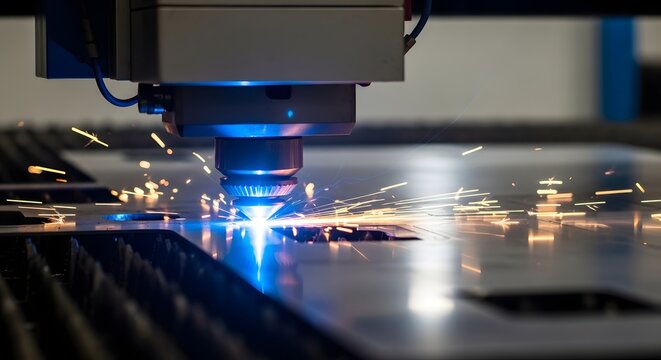 Precision laser cutting metal with sparks flying in industrial manufacturing facility high tech computer controlled industrial technology industry