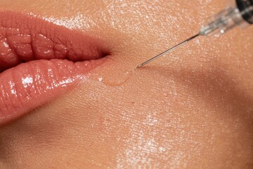 Fototapeta premium Close-up of a person receiving a lip filler injection with a fine needle and clear serum.