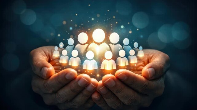 male hands holding glowing digital people icons dark blue bokeh background caring community teamwork concept of human resources recruiting social media