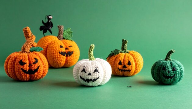 Six knit pumpkins in orange, green, and white with smiling faces, on a green background