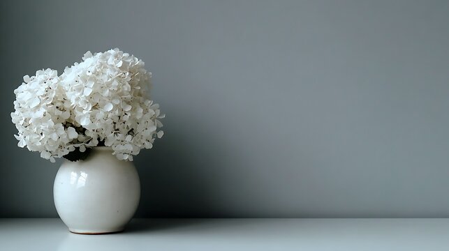 White hydrangea flowers in a ceramic vase against a gray background
