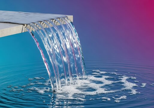 Clear, smooth sheet of water spilling over a concrete edge, creating a refreshing cascade and white foam below, motion, sheet, cascade