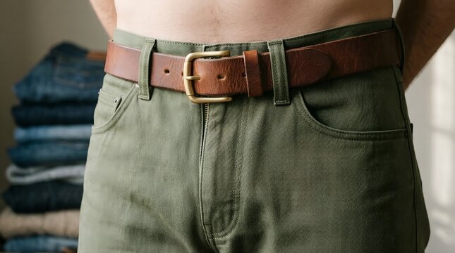 Man wearing green jeans with brown leather belt casual menswear detail with folded denim in background