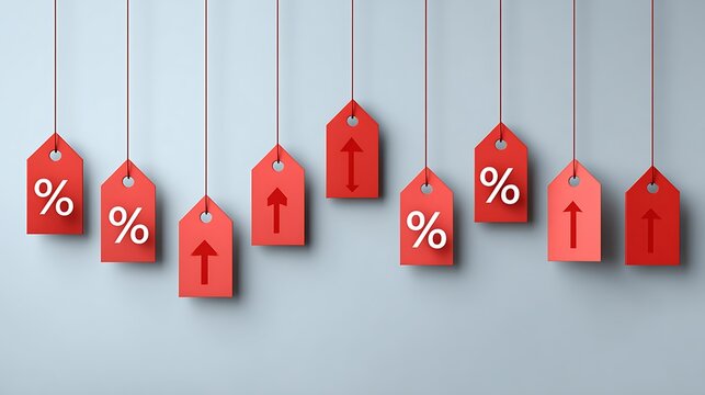 Red sale price tags with percentage symbols and arrows on grey background