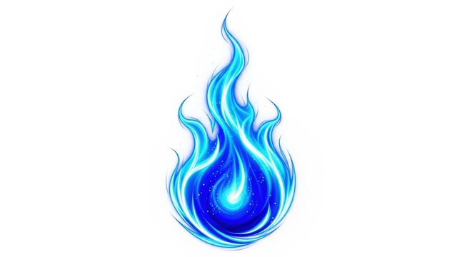 Vibrant blue and cyan flames with bright glowing center burning intensely on a pure white background