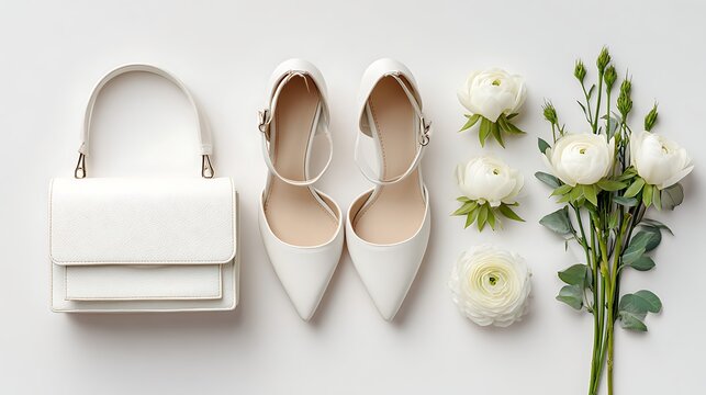 Elegant wedding accessories including white handbag, high heels, and flowers isolated on white background