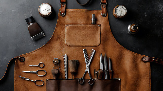 Barber tools on leather apron emphasizing advanced technology and cyber security