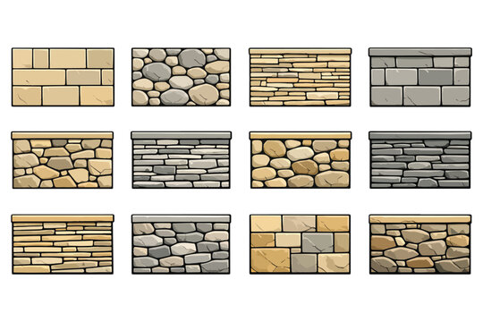 Set of Stylized Stone and Brick Wall Panels Vector Textures for Games and Design
