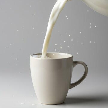 Stunningly clear detail of fresh, white pasteurized dairy milk actively pouring into a simple ceramic cup set upon a clean, pure background, white, minimalist, milk