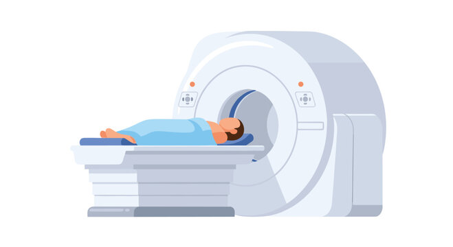 A patient lies comfortably on a sliding white bed while undergoing a diagnostic scan inside the circular aperture of a large modern medical imaging machine.