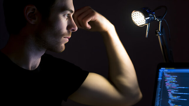 Man working on computer in dim light emphasizing clean environment and eco-friendly concepts