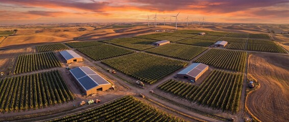 Aerial drone view of a modern agricultural farm with solar panels and wind turbines at sunset © Moolecule Studio