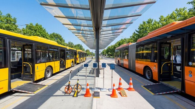 Modern public transportation hub with yellow buses at a bus stop on a sunny day, showcasing accessibility features