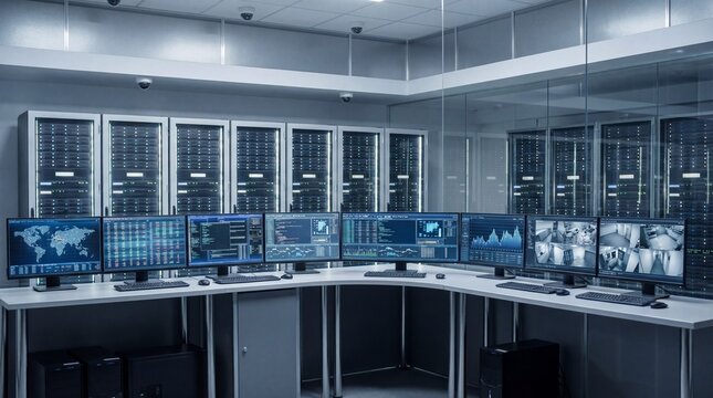 Modern security operations center with multiple computer monitors displaying data and surveillance feeds