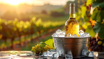 Naklejka premium White wine bottle chilling with grapes in sunny vineyard