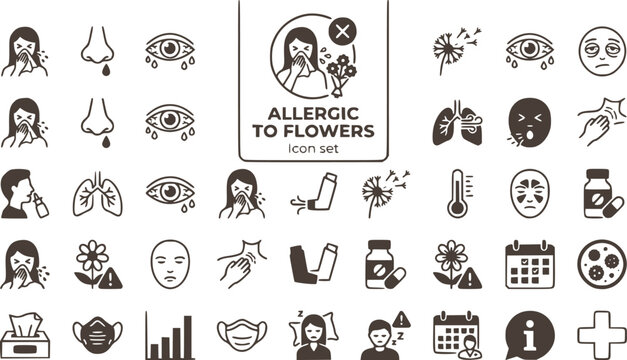 Allergic to Flowers Icon Set Unhealthy Woman Sneeze Feeling Allergy Symptoms Pollen Allergy Hay Fever Seasonal Allergies Vector Illustration
