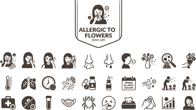 Allergic to Flowers Icon Set Unhealthy Woman Sneeze Feeling Allergy Symptoms Pollen Allergy Hay Fever Seasonal Allergies Vector Illustration