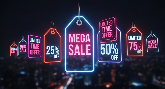 Neon tags with sale percentages and offers against a blurred cityscape backdrop, showing promotion, discount, and a commercial theme