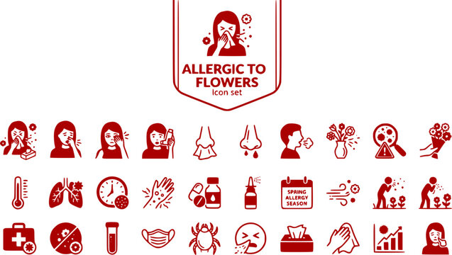 Allergic to Flowers Icon Set Unhealthy Woman Sneeze Feeling Allergy Symptoms Pollen Allergy Hay Fever Seasonal Allergies Vector Illustration