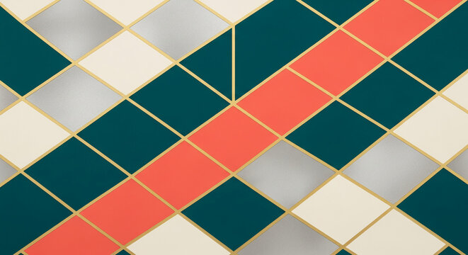 Geometric pattern of diamond shapes in teal, silver, cream, and coral, defined by golden lines, creating visual interest and modern aesthetic appeal