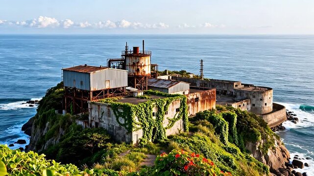 Rusted industrial ruins by the sea