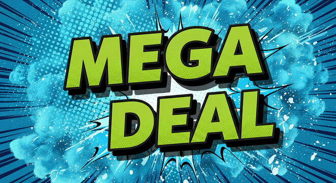 Green mega deal text on blue comic style background, representing a big sale or promotion, suitable for advertising and business concepts