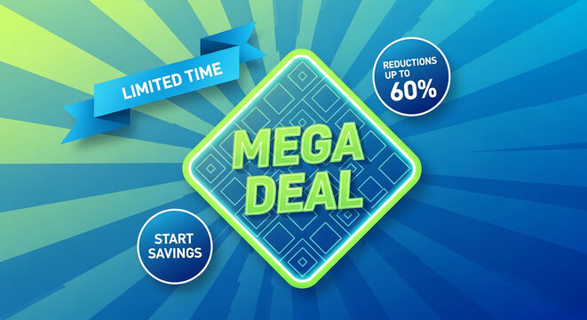 Abstract radial burst with promotion elements. Square frame displays a mega deal offer, representing saving and discount event for limited time