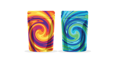 Obraz premium Two upright stand-up pouches showcase intricate psychedelic swirl patterns in contrasting warm sunset tones and cool aquatic hues against a white backdrop.