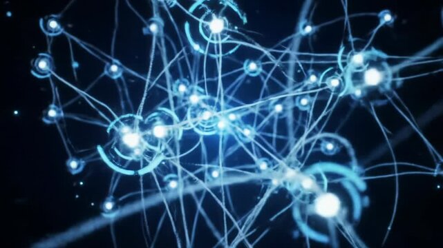 A sophisticated, abstract video of a glowing sapphire-blue AI core & expanding neural network of luminous lines & pulsating nodes, captured with dolly pull-out & orbiting crane. Complex data