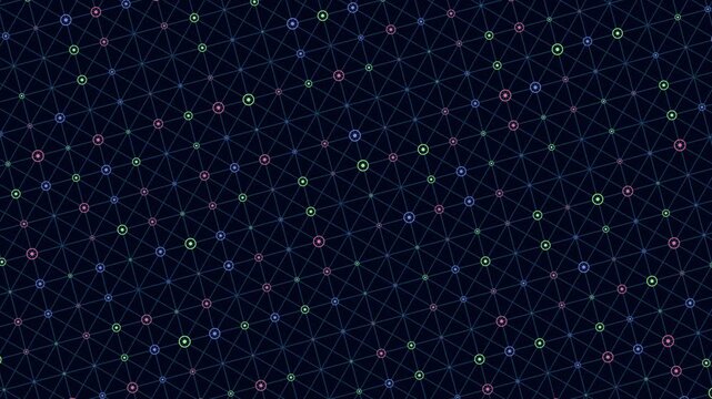 Seamless abstract technology background with connected dots, glowing nodes and polygonal grid on dark blue. Ideal for data, blockchain, AI, internet and science themes