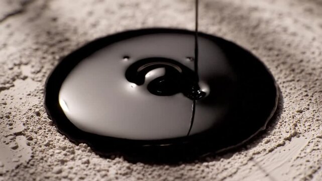 Black oil drips and spreads on light textured surface, highlighting viscosity and texture in a macro shot