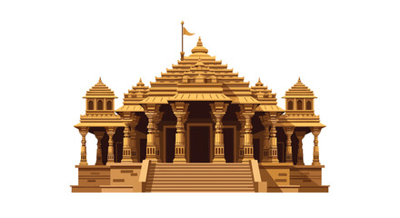 Fototapeta premium A magnificent golden-brown Hindu temple featuring intricate carvings and multiple tiered domes stands majestically against a pristine white background.