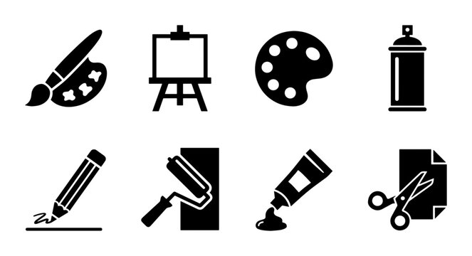 Minimalist art supplies icon set, black silhouette painting tools collection, 8 vector graphic symbols for creative studio and design workshop