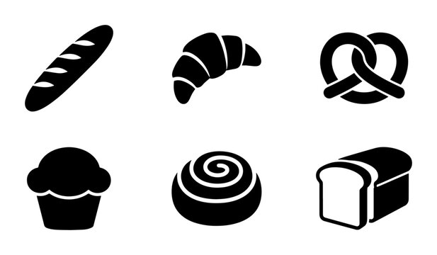 Bakery icon set with 6 black vector elements, bread and pastry silhouettes for cafe menus, croissant and pretzel symbols on white background