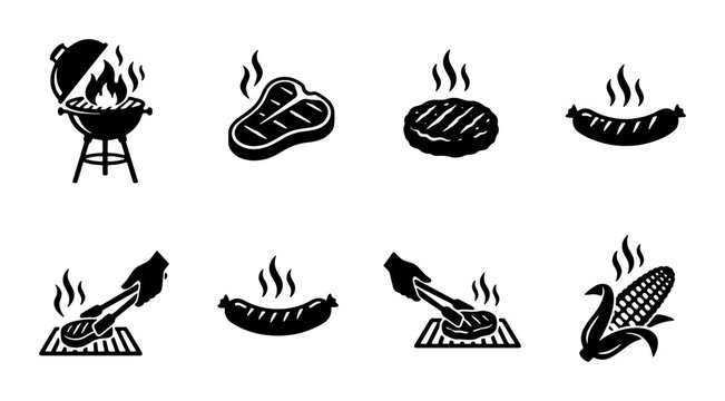 Barbecue grill icon set with 8 black vector elements, BBQ meat and steak silhouettes, outdoor cooking symbols for restaurant menus and summer party designs