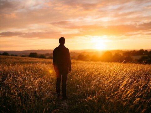 Man standing alone in golden wheat field at sunset horizon