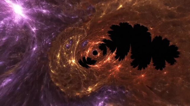 Abstract fractal wormhole tunnel animation, cosmic orange space-time distortion, science fiction and surrealism concepts